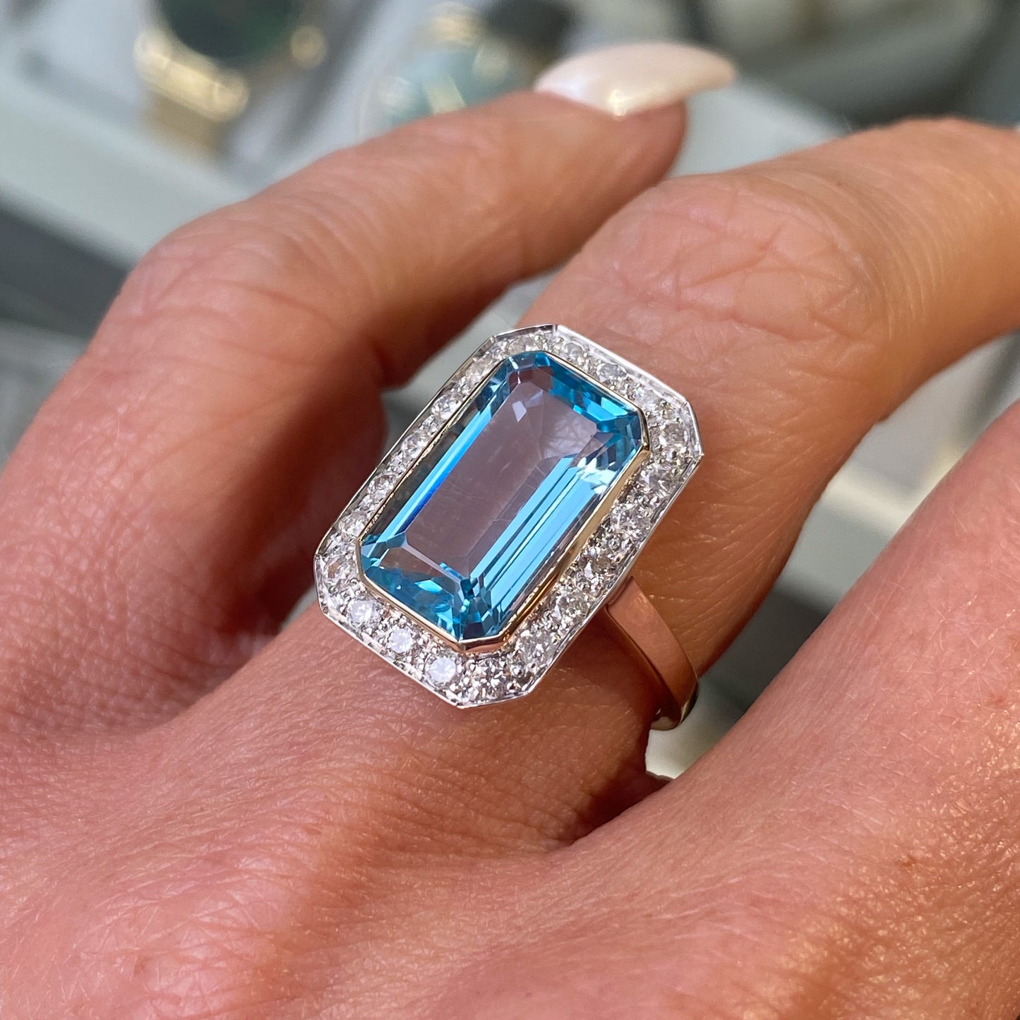 9ct Gold Elongated Blue Topaz & Diamond Ring - John Ross Jewellers