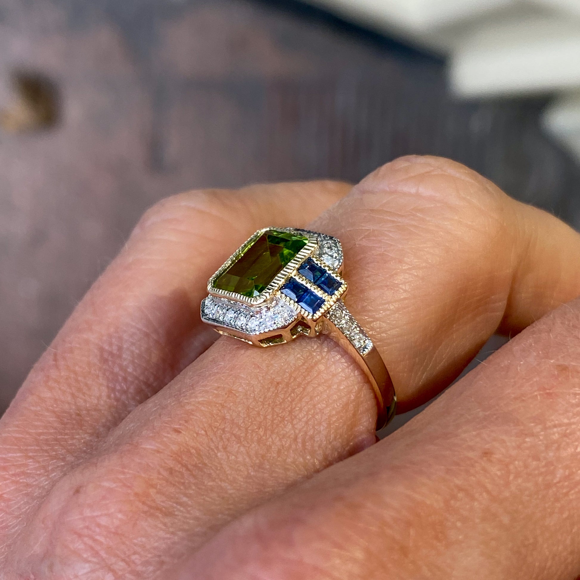 9ct Gold Peridot, Sapphire & Diamond Ring - John Ross Jewellers