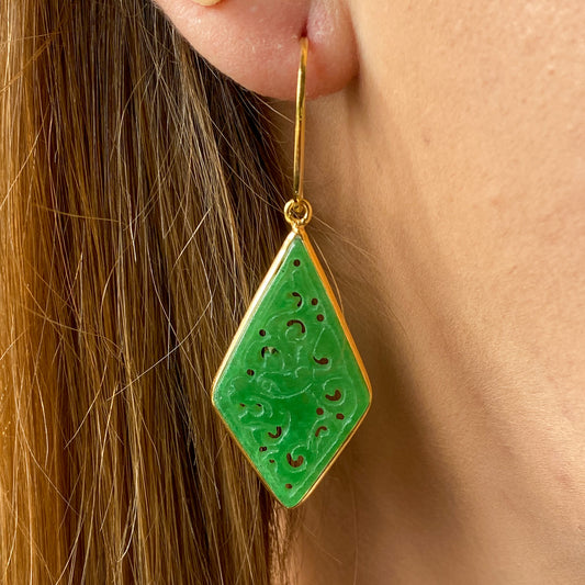 Carved Jade Kite Hook Drop Earrings | Dragon's Head - John Ross Jewellers