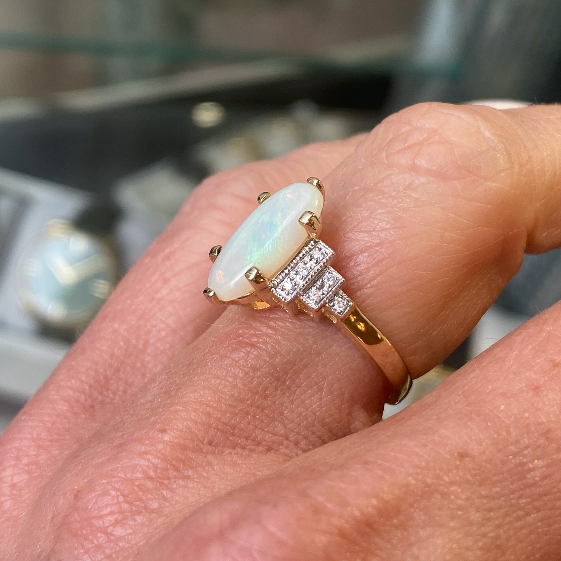 9ct Gold Marquis Opal & Diamond Ring - John Ross Jewellers