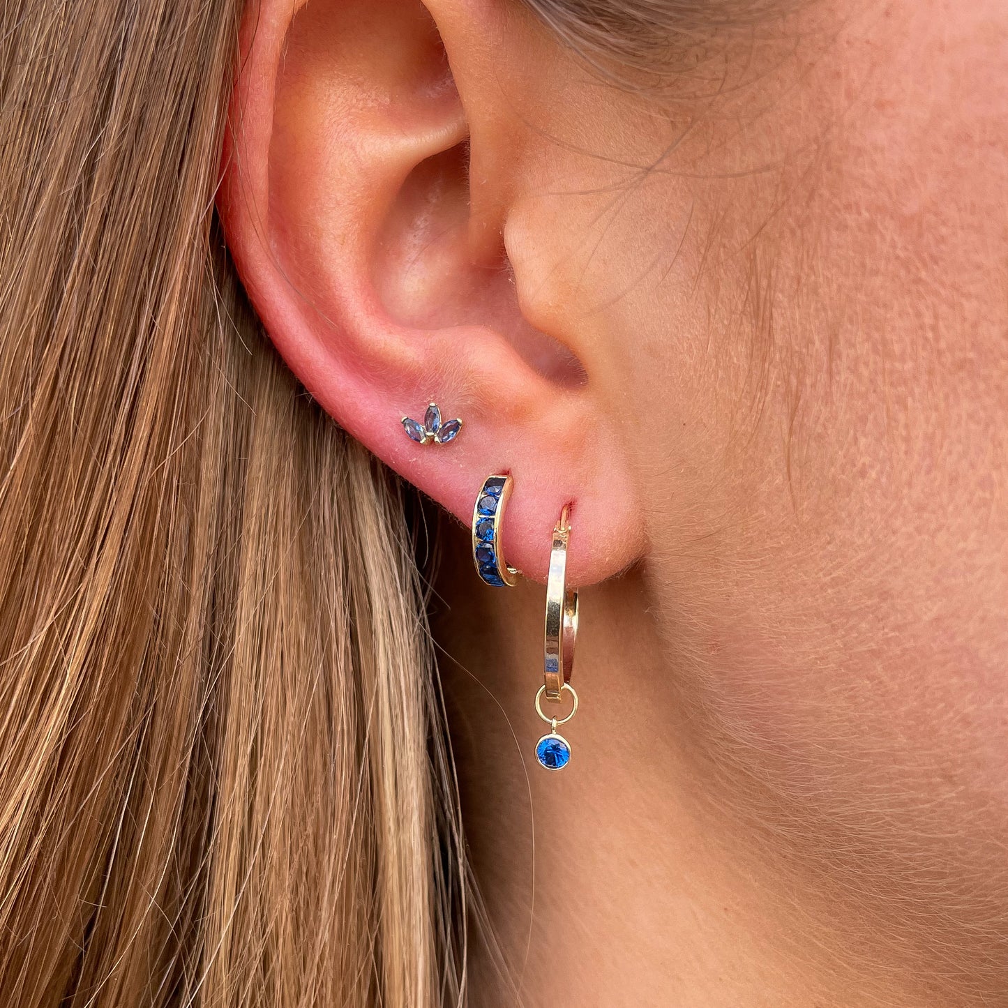 9ct Gold 11mm Huggie Hoop Earrings | Sapphire Blue CZ - John Ross Jewellers