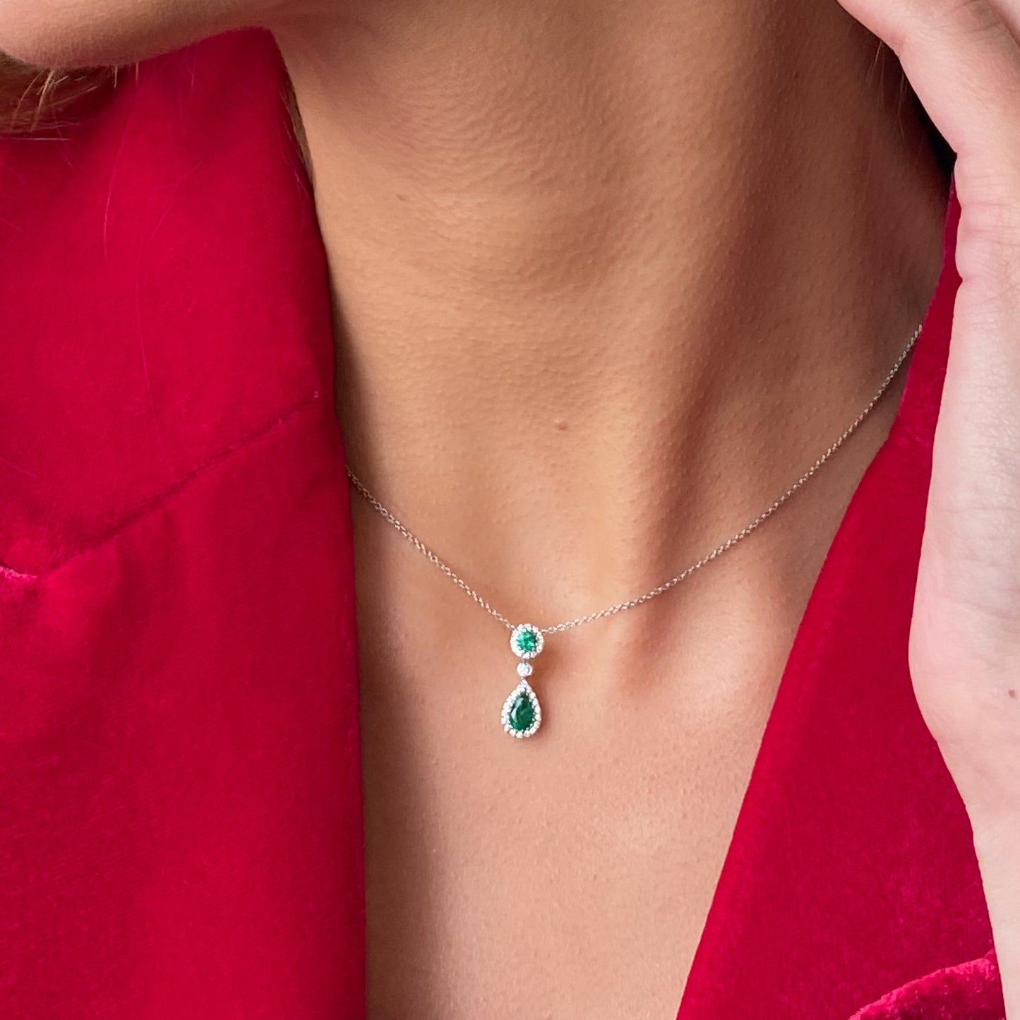 18ct White Gold Emerald & Diamond Halo Necklace - John Ross Jewellers