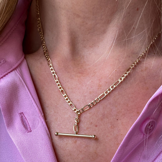 9ct Gold T-Bar Lariat Necklace | 1+3 Figaro - John Ross Jewellers