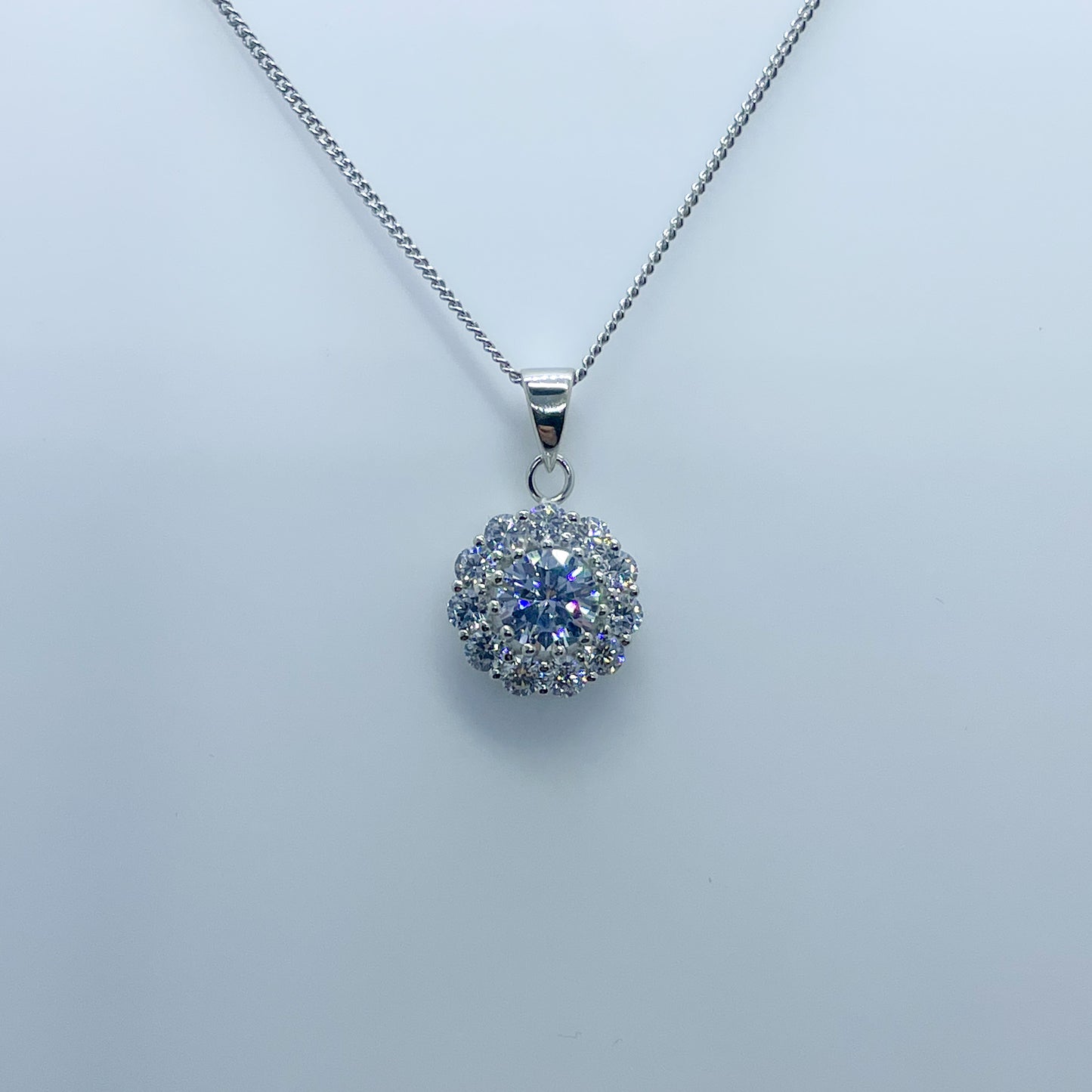 Silver Claw Set Round Halo CZ Pendant Necklace - John Ross Jewellers