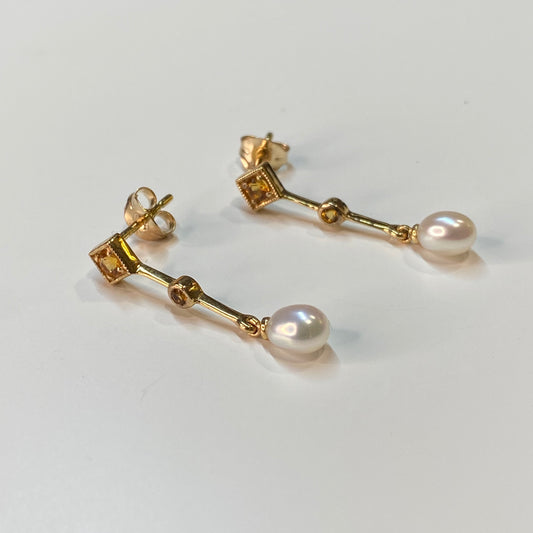 9ct Gold Citrine & Pearl Drop Earrings - John Ross Jewellers