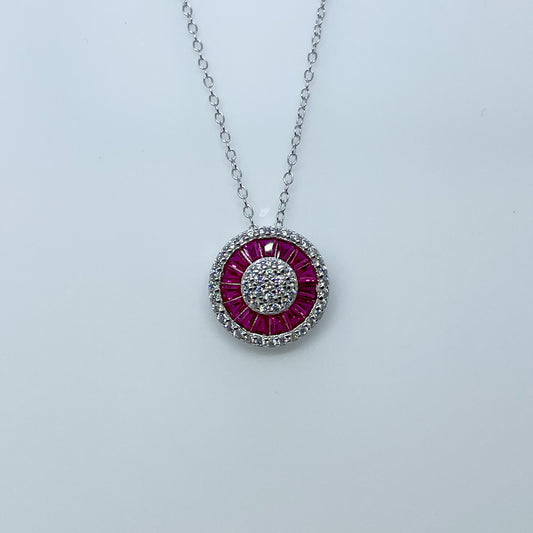 Silver Created Ruby & CZ Halo Necklace - John Ross Jewellers