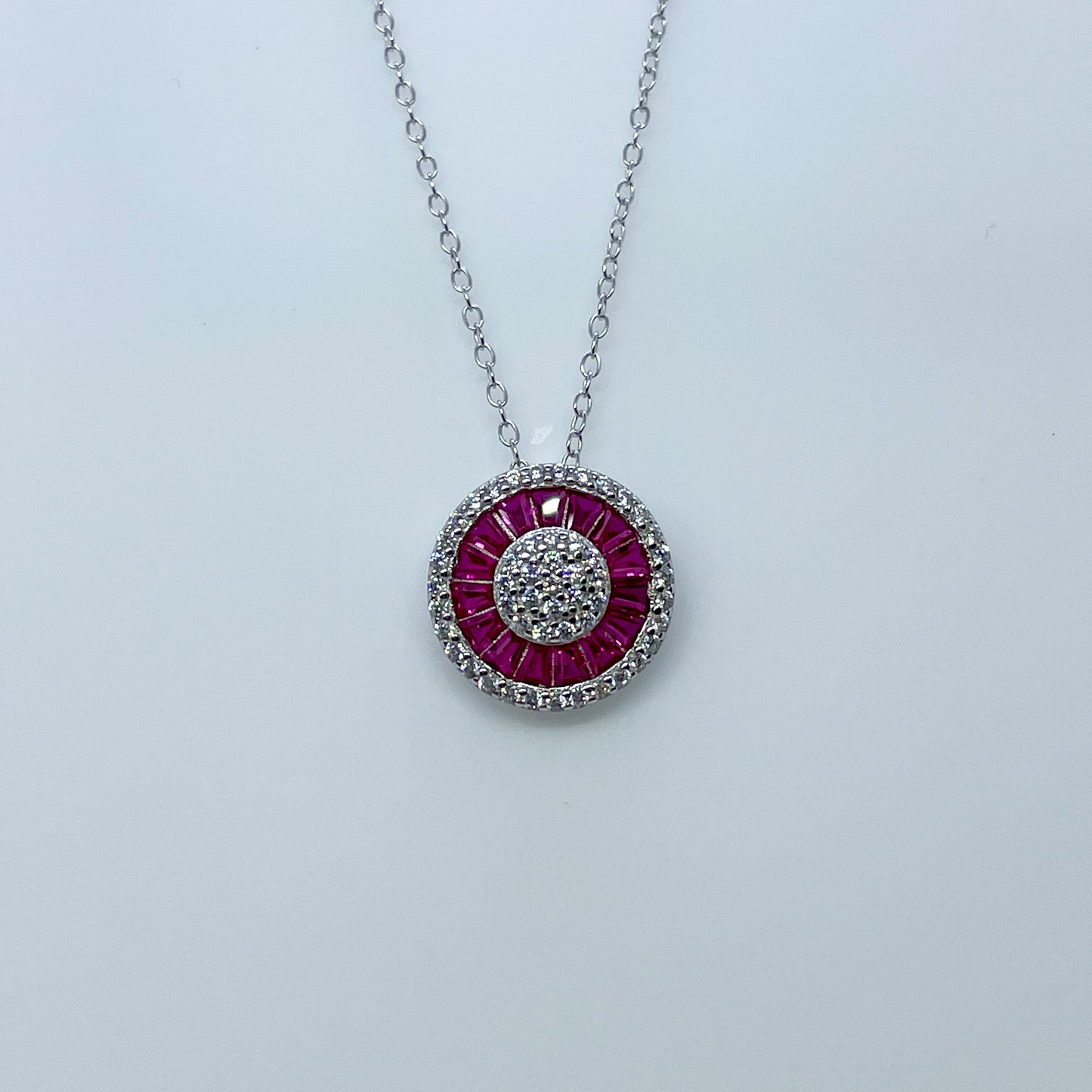 Silver Created Ruby & CZ Halo Necklace - John Ross Jewellers