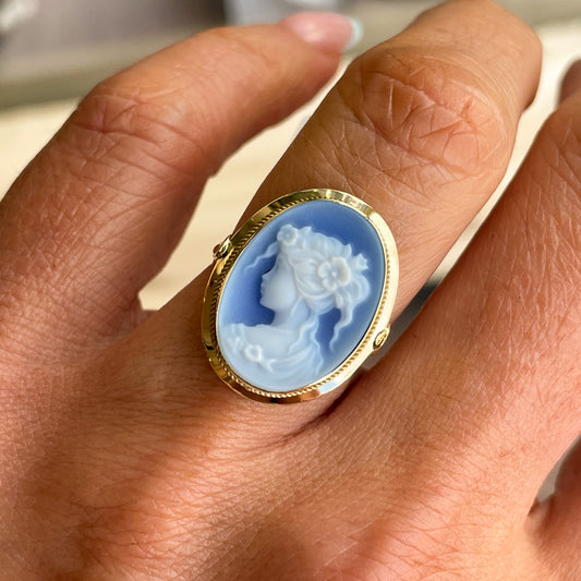 18ct Gold Blue Agate Cameo Ring - Lady - John Ross Jewellers