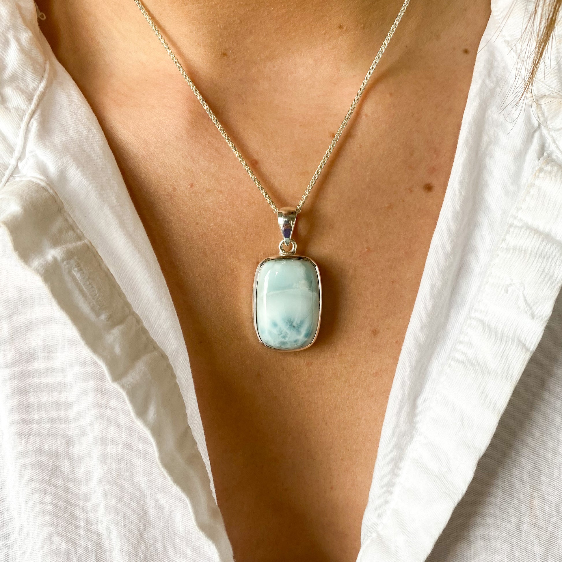 Silver Rectangular Larimar Pendant Necklace - John Ross Jewellers