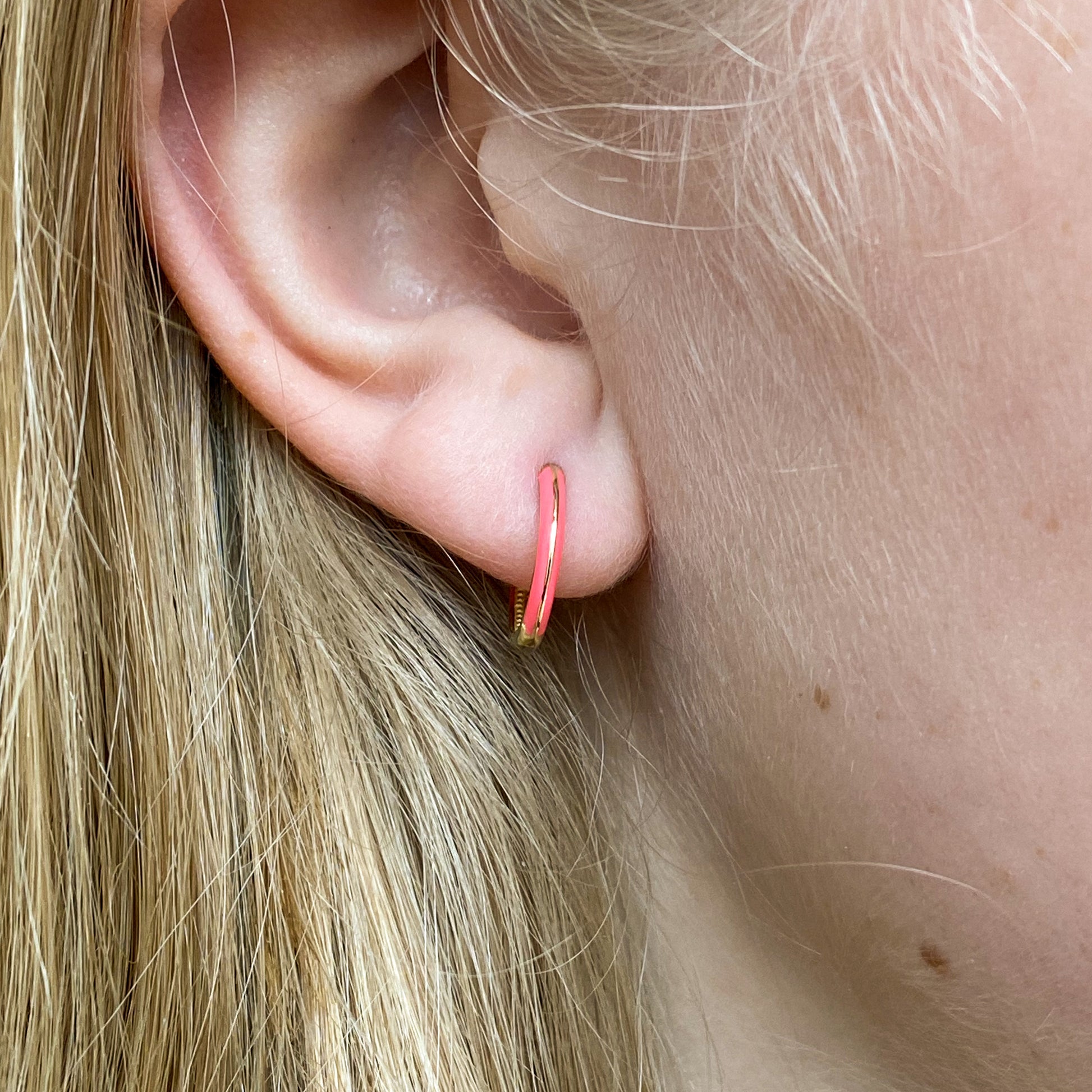 9ct Gold Neon Pink Enamel Huggie Hoop Earrings | 14mm - John Ross Jewellers