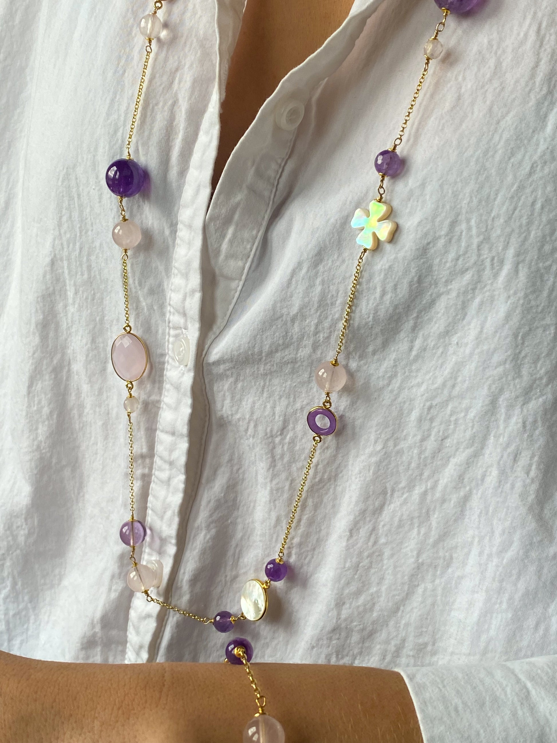 Natural Beauty - Mother of Pearl, Amethyst & Rose Quartz Necklace | 100cm - John Ross Jewellers
