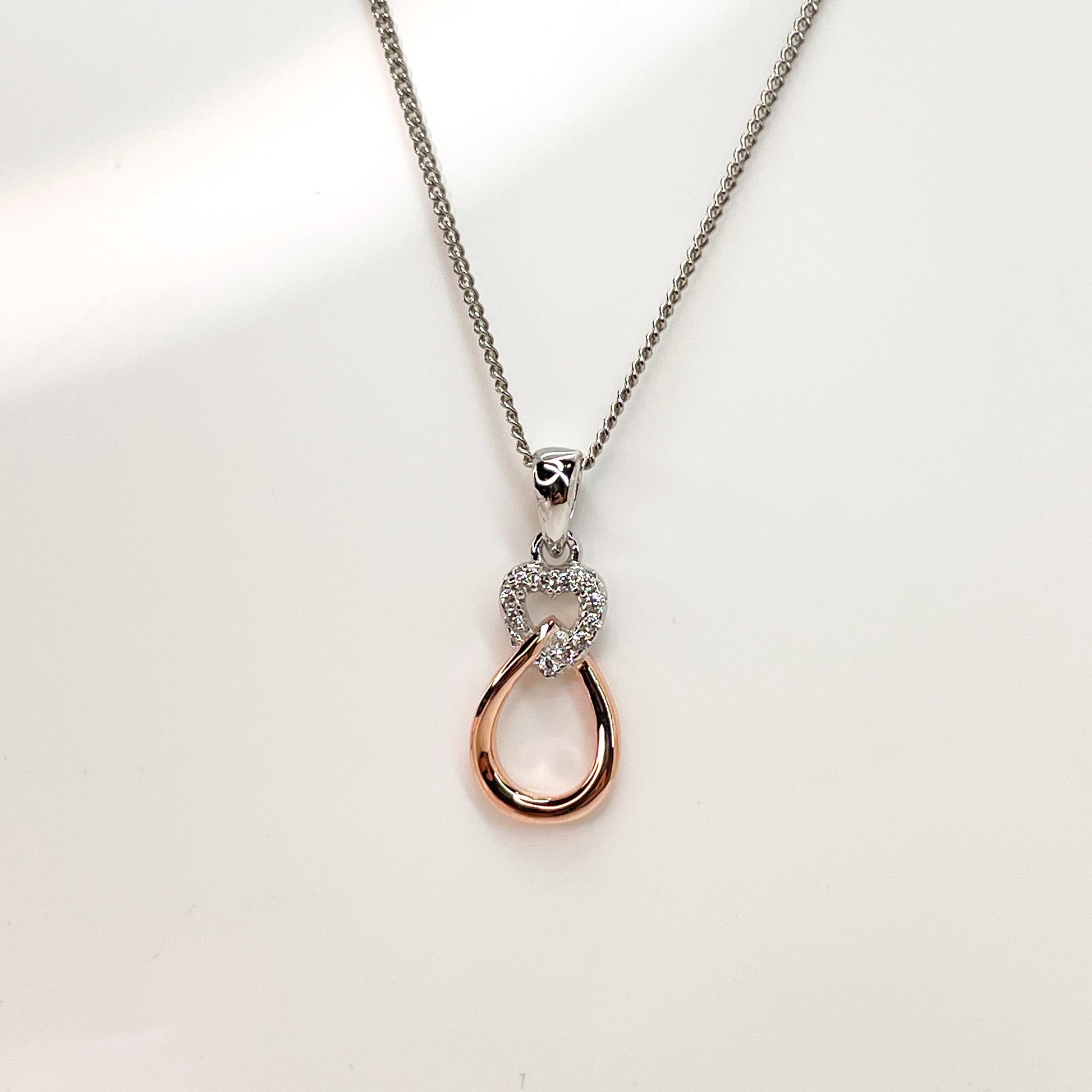 Silver CZ Heart & Open Pear Pendant Necklace | Rose - John Ross Jewellers