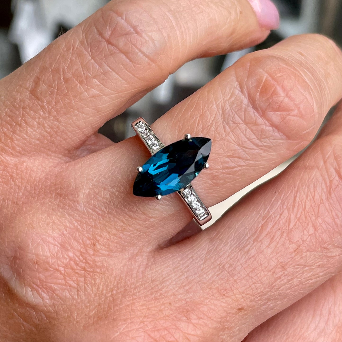 9ct White Gold Marquis Cut London Blue Topaz & Diamond Ring - John Ross Jewellers