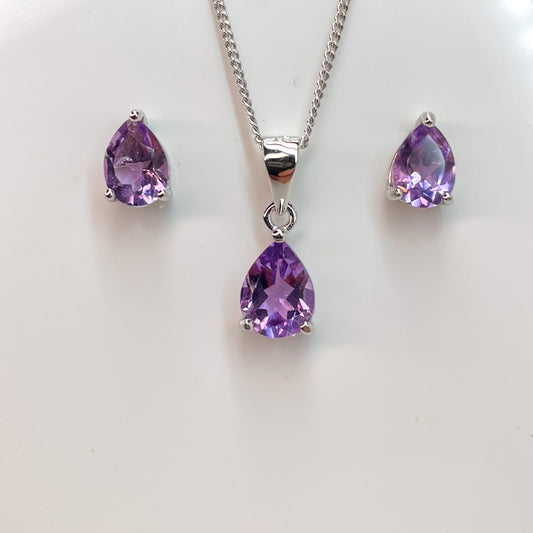 Silver Pear Cut Amethyst Earring and Necklace Set - John Ross Jewellers