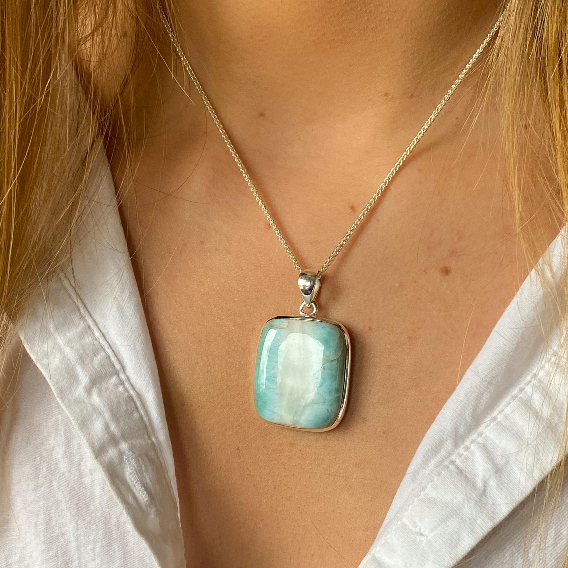 Silver Rectangular Larimar Pendant Necklace - John Ross Jewellers