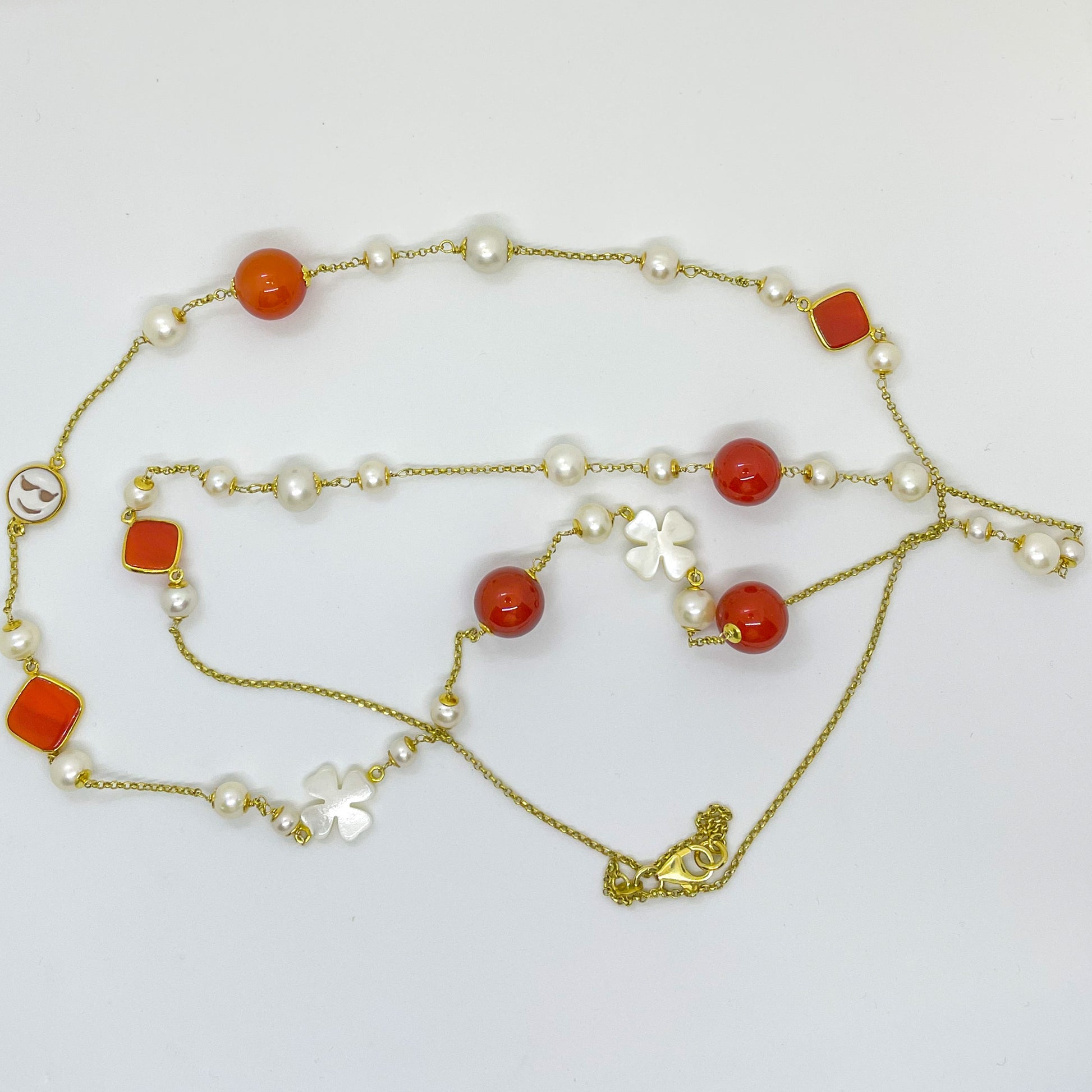 Carnelian, Cameo, Mother of Pearl & Freshwater Pearl Necklace |120cm - John Ross Jewellers