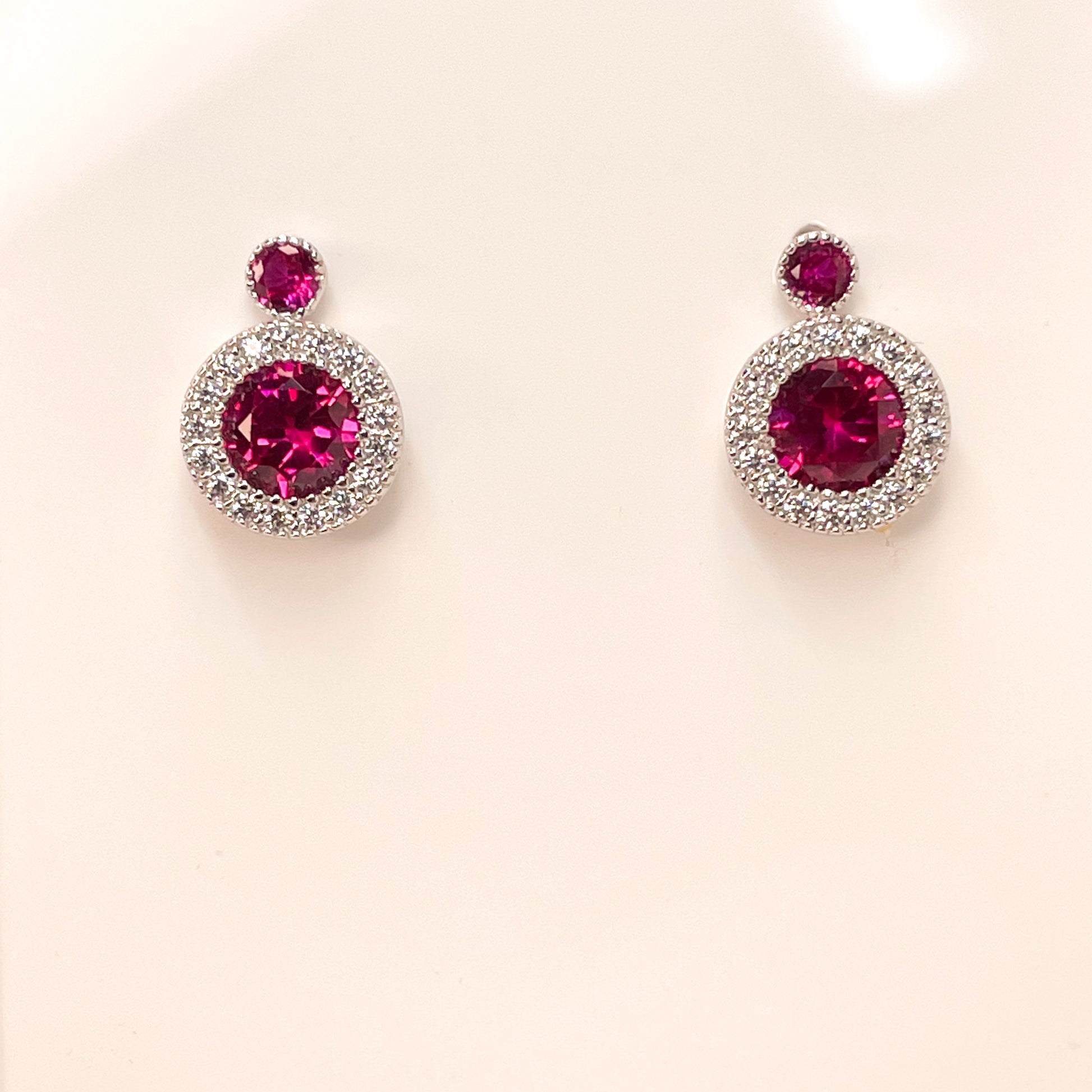 Silver Created Ruby CZ Halo Stud Earrings - John Ross Jewellers