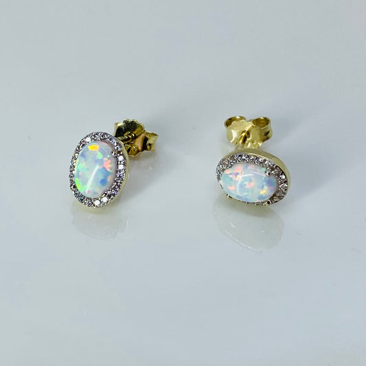 9ct Gold Oval Opalique CZ Halo Stud Earrings - John Ross Jewellers