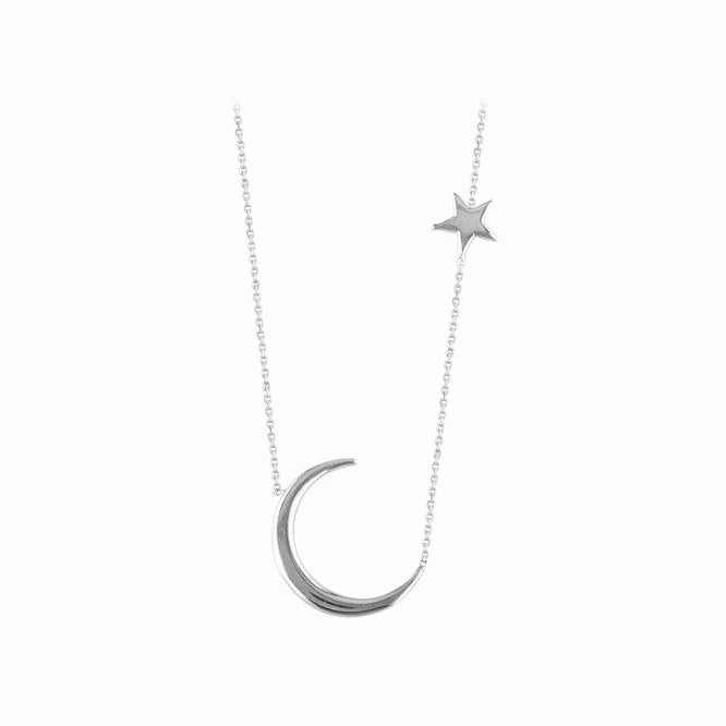 9ct White Gold Crescent Moon & Star Necklace - John Ross Jewellers
