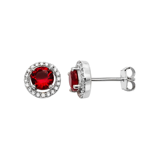 Silver Created Garnet & CZ Round Cluster Earrings - John Ross Jewellers