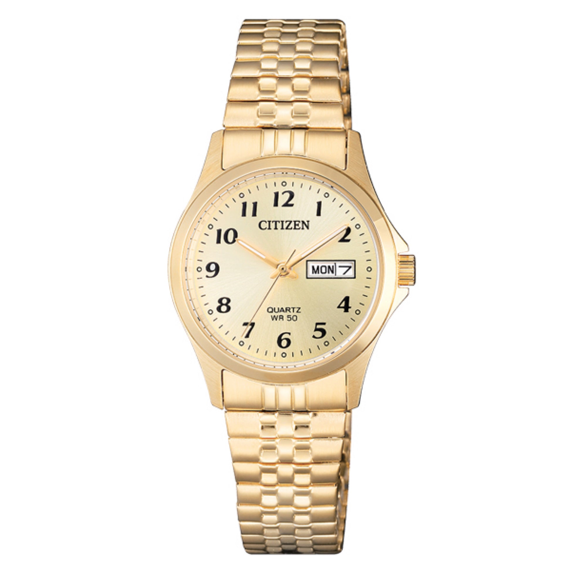 Design and comfort unite in the Citizen Expansion collection, offering timepieces with universal appeal. Key features of this 3-hand analog watch in stainless steel with gold tone include day-date indicator, champagne dial, 28mm case and 50 metre water resistance.