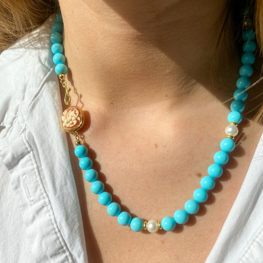 Synthetic Turquoise, Floral Shell Cameo & Freshwater Pearl Necklace | 48mm - John Ross Jewellers