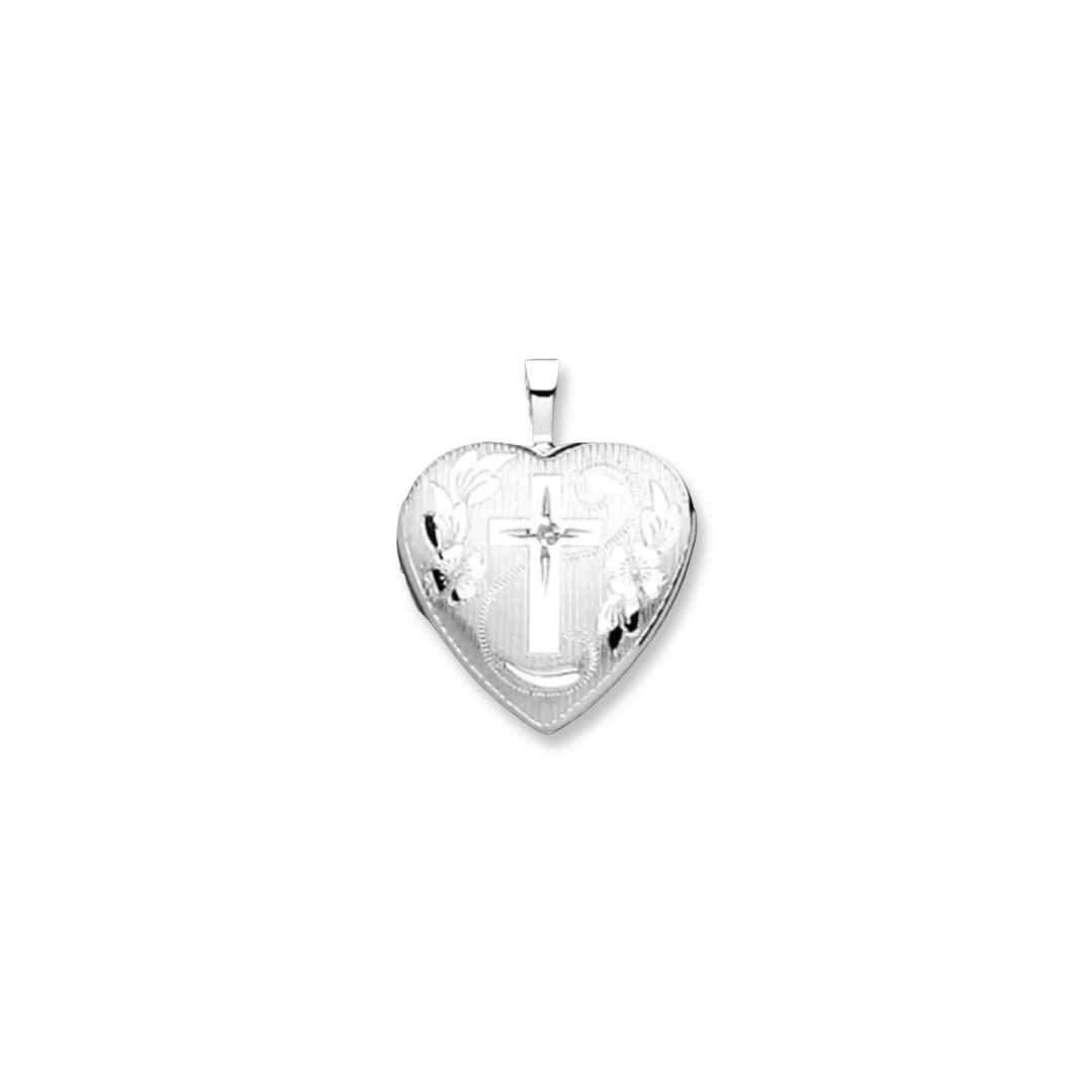 Silver Heart with Cross & Diamond Locket Necklace | 16mm - John Ross Jewellers