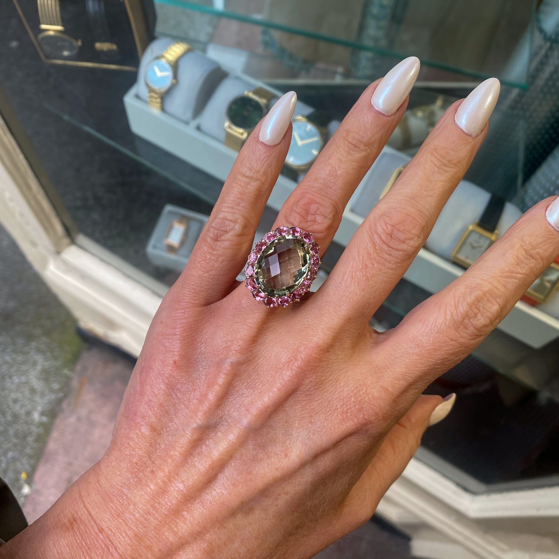 9ct Gold Green Amethyst & Pink Tourmaline Cocktail Ring - John Ross Jewellers