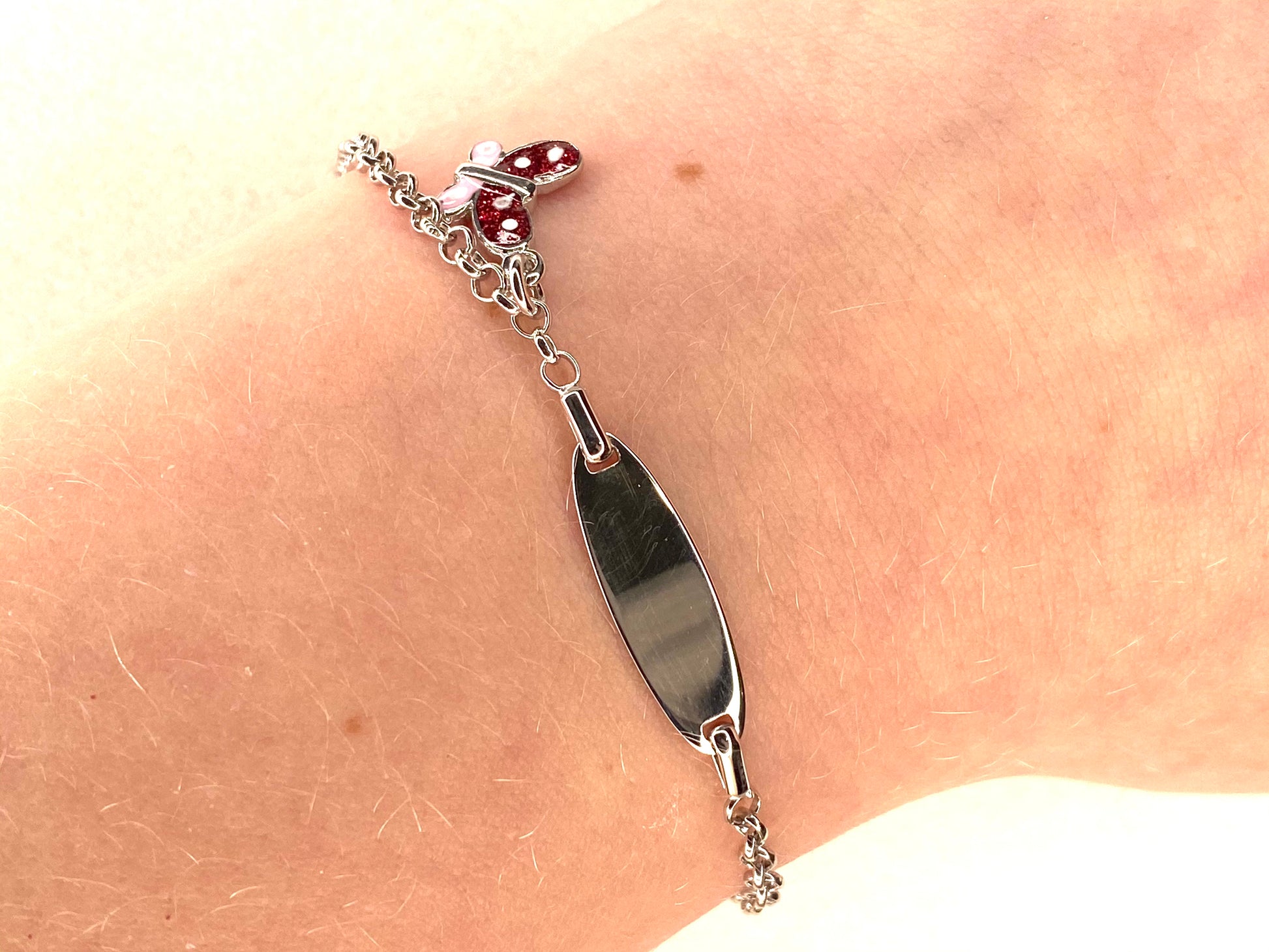 Silver Child's Identity Bracelet - Red & Pink Butterfly Charm - John Ross Jewellers