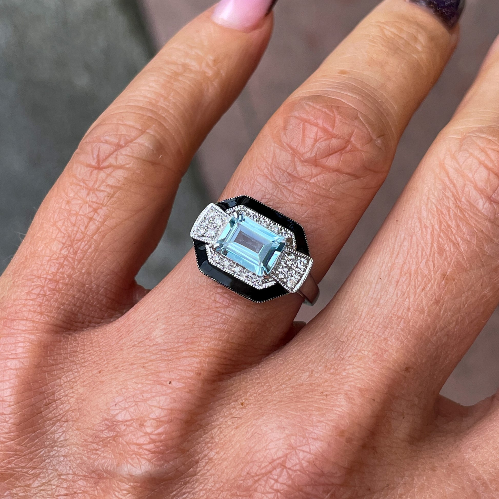 Platinum Blue Topaz, Onyx & Diamond Cocktail Ring | 1.70ct - John Ross Jewellers