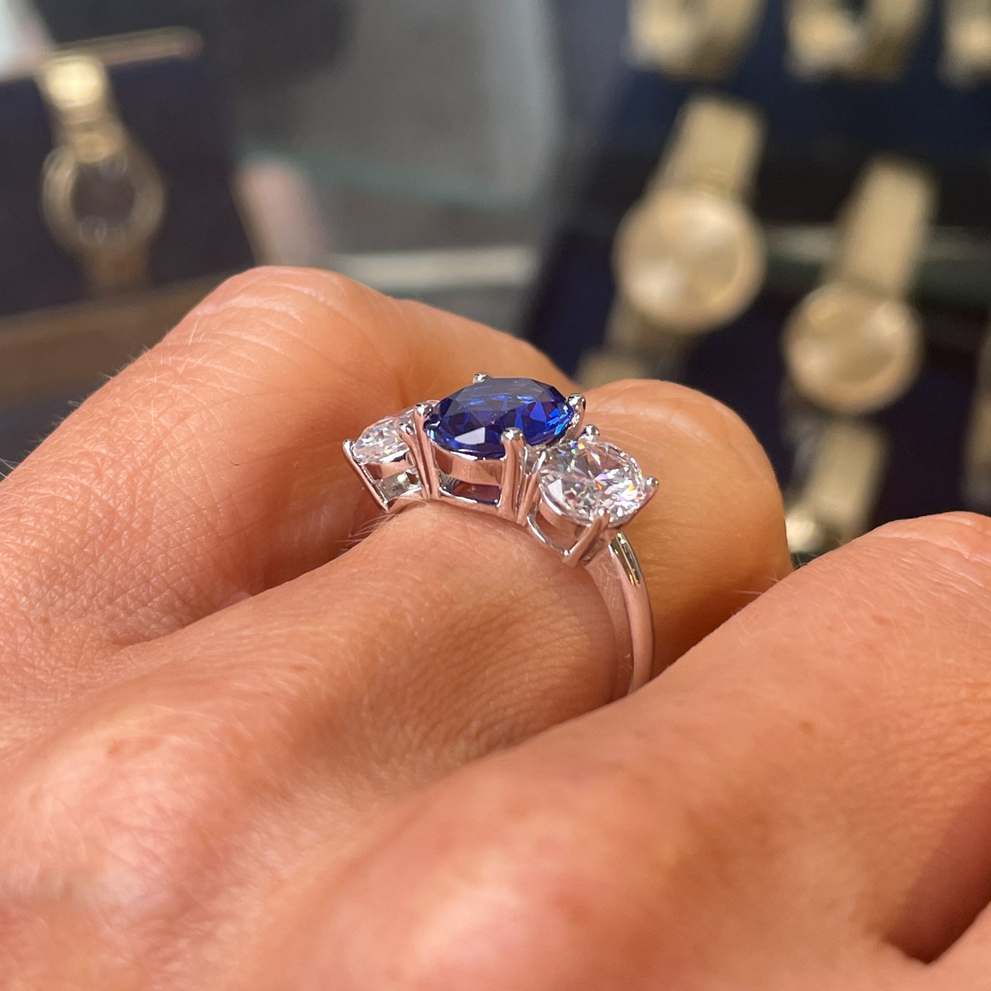 Silver Created Sapphire CZ Trilogy Ring - John Ross Jewellers