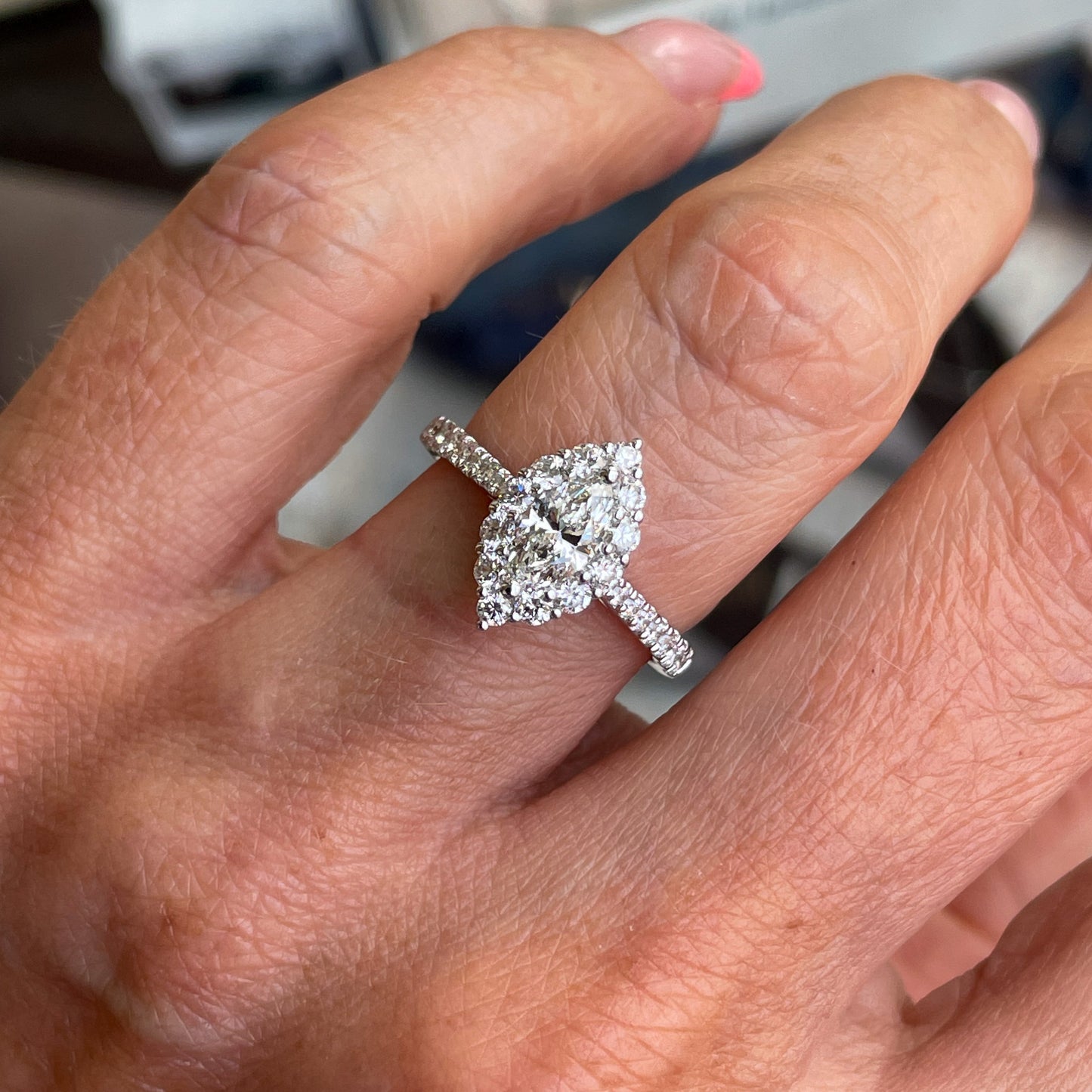 The Details...  One 18ct white gold diamond engagement ring. Marquis Cut Diamond with Diamond set halo and shoulders.   Centre Diamond: 0.51ct G SI2 Marquis Cut GIA Certificate  Melée: 0.68ct  18ct white gold