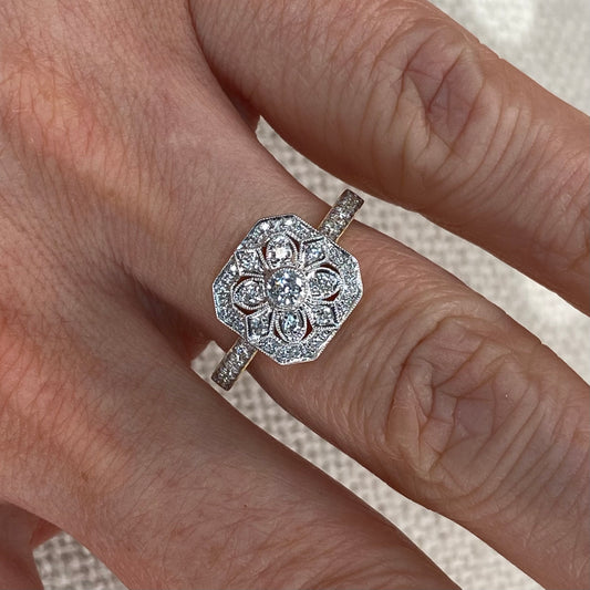 18ct Gold 0.43ct GHSI Square Cluster Diamond Ring | Diamond Shoulders - John Ross Jewellers