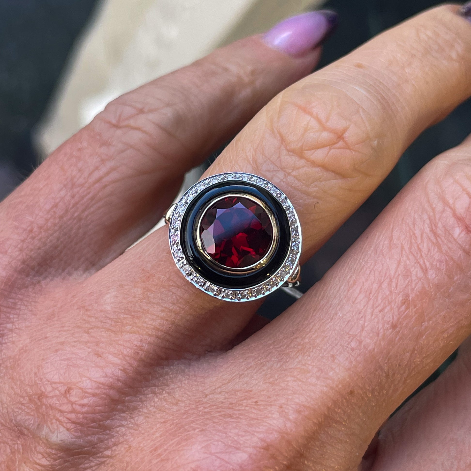 9ct Gold Garnet, Onyx & Diamond Ring - John Ross Jewellers