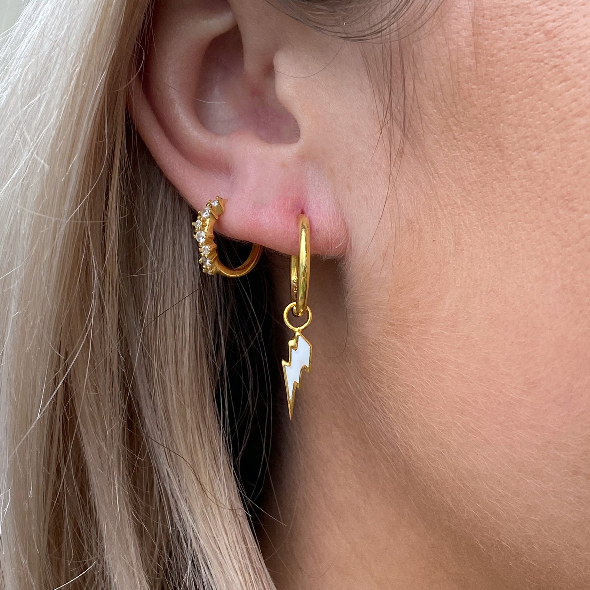 Sunshine Enamel Lightning Bolt Charm Huggie Hoop Earrings - John Ross Jewellers