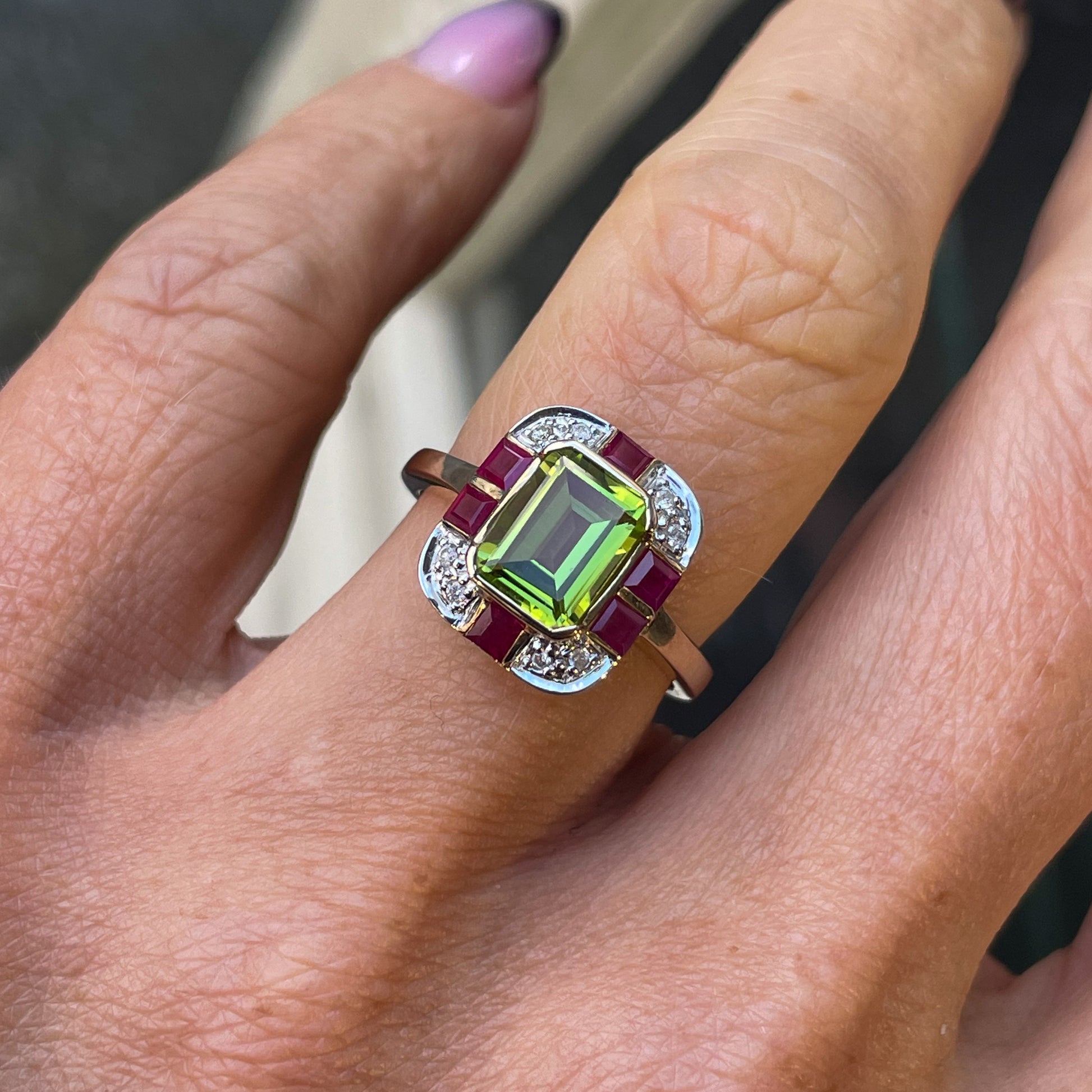 9ct Gold Peridot, Ruby & Diamond Ring - John Ross Jewellers