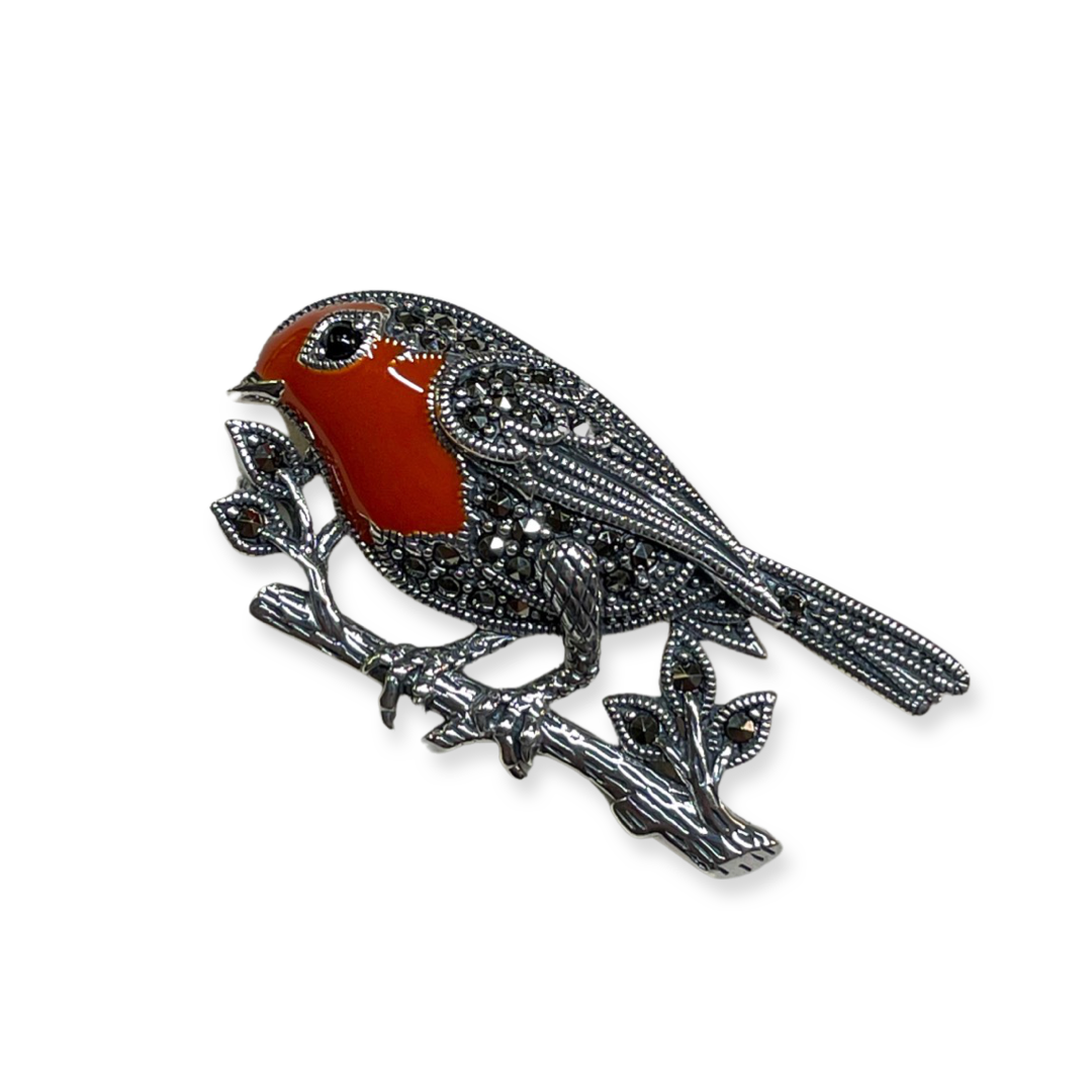 Silver Marcasite Robin Redbreast Brooch - John Ross Jewellers