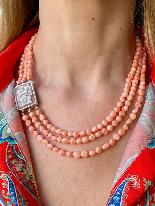 Floral Cameo & Rose Coral Three Row Necklace - John Ross Jewellers