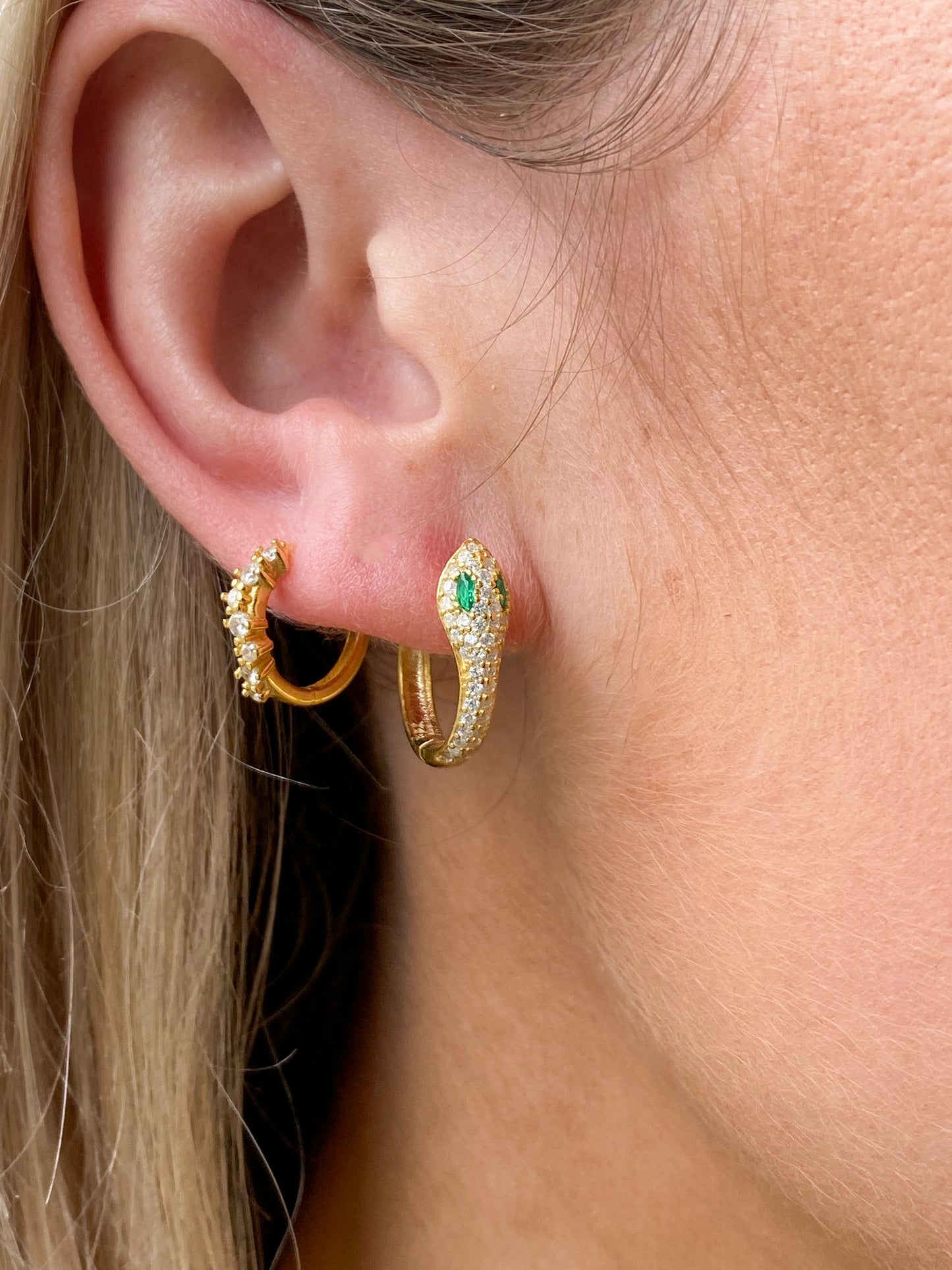 Sunshine CZ & Green Eyed Serpent Huggie Hoop Earrings - John Ross Jewellers