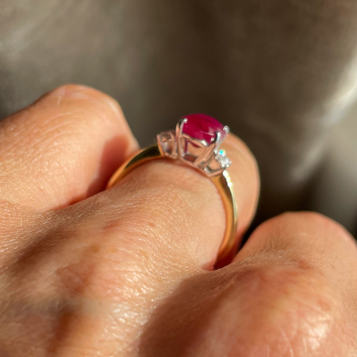 18ct Gold Ruby & Diamond Trilogy Ring - John Ross Jewellers