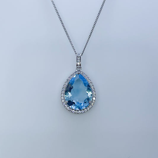 Silver Sky Blue Topaz Pear Halo Necklace - John Ross Jewellers