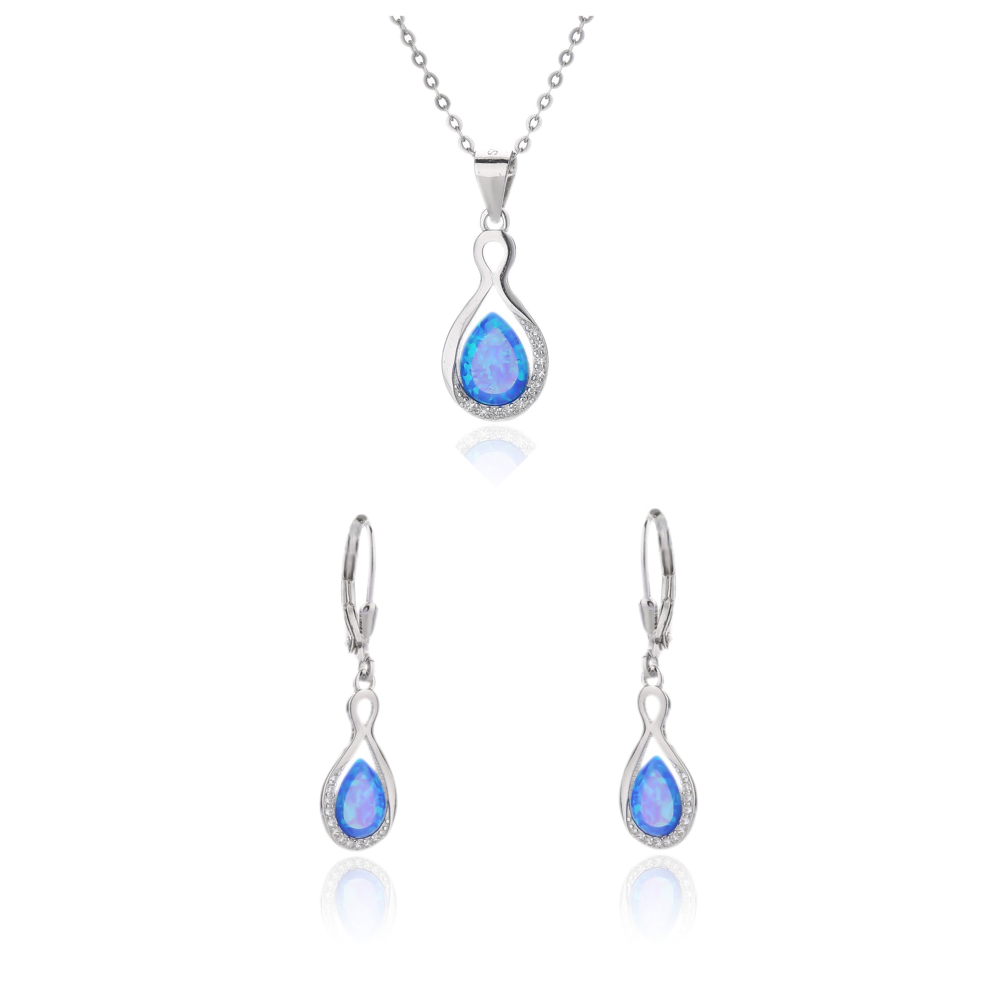 Silver Pear Blue Opalique Earring and Necklace Set - John Ross Jewellers