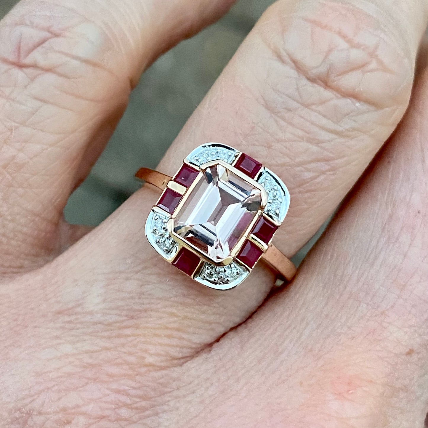 9ct Rose Gold Morganite, Ruby & Diamond Ring - John Ross Jewellers