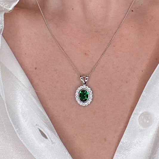 Silver Created Emerald CZ Vintage Oval Necklace - John Ross Jewellers