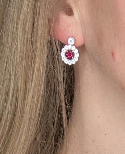 Silver Created Ruby CZ Halo Drop Earrings - John Ross Jewellers