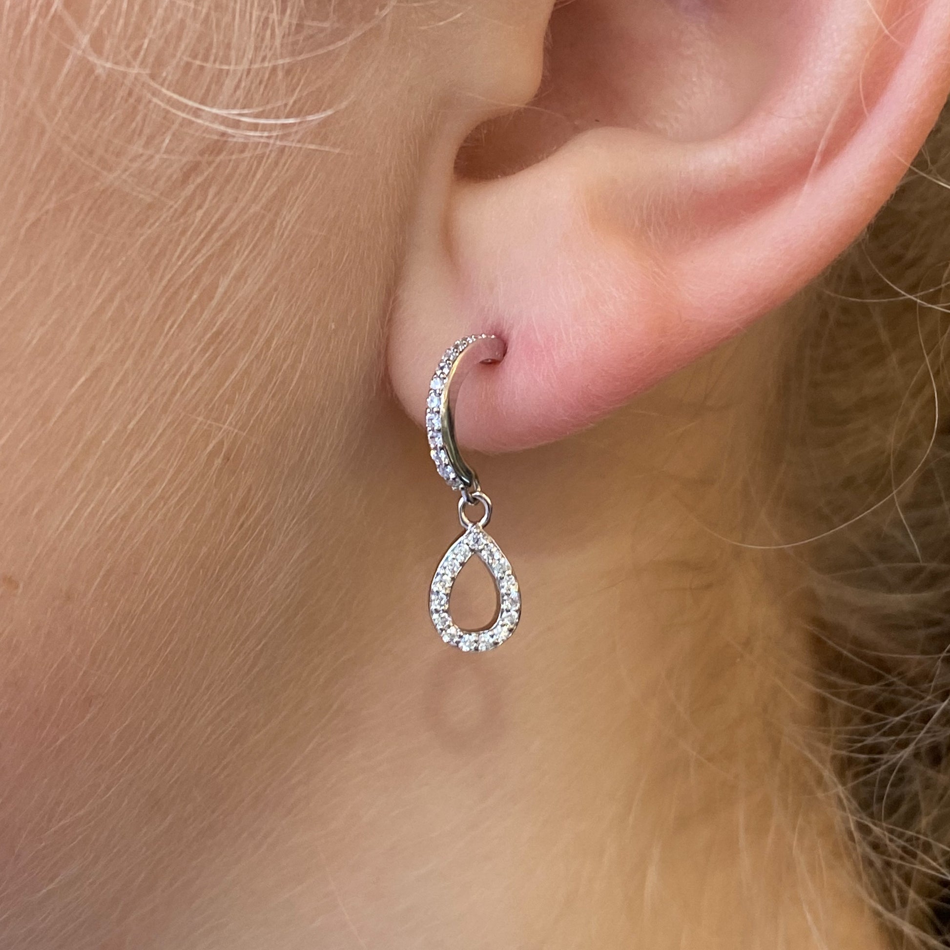 Silver Open Pear CZ Drop Half Hoop Earrings - John Ross Jewellers