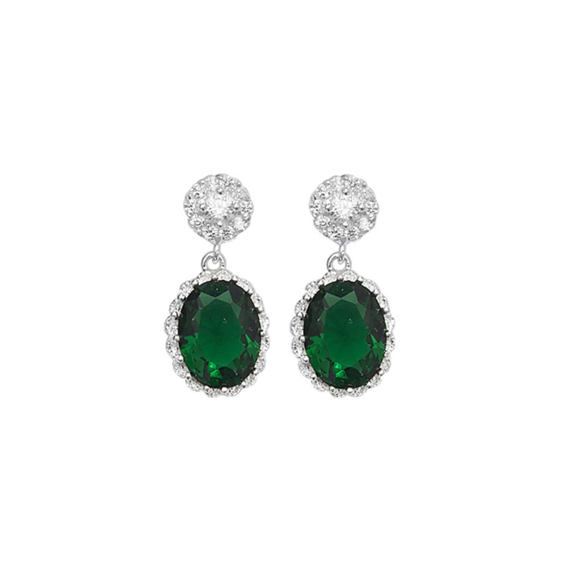 Silver Green & CZ Oval Cluster Drop Earrings - John Ross Jewellers