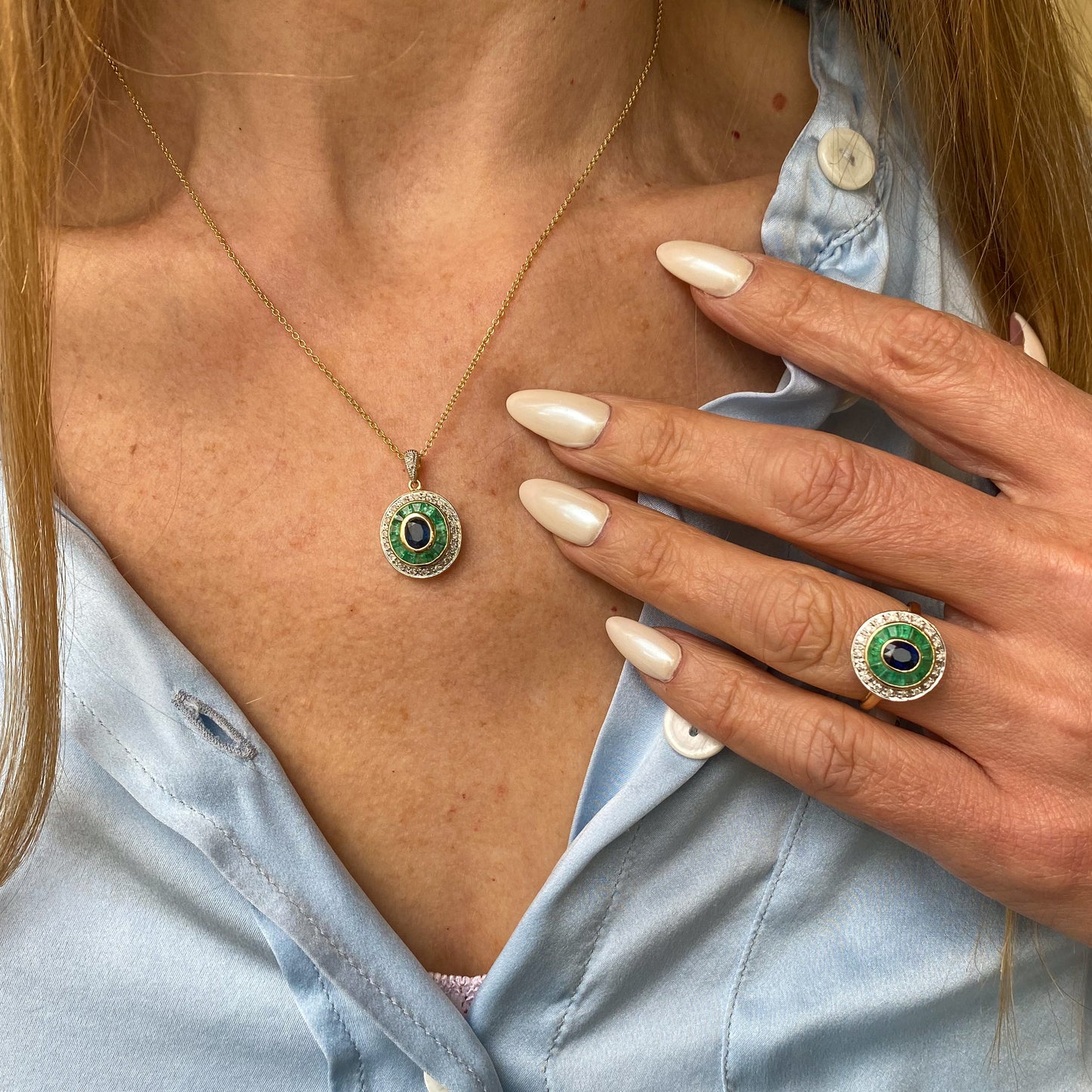 9ct Gold Sapphire, Emerald & Diamond Necklace - John Ross Jewellers