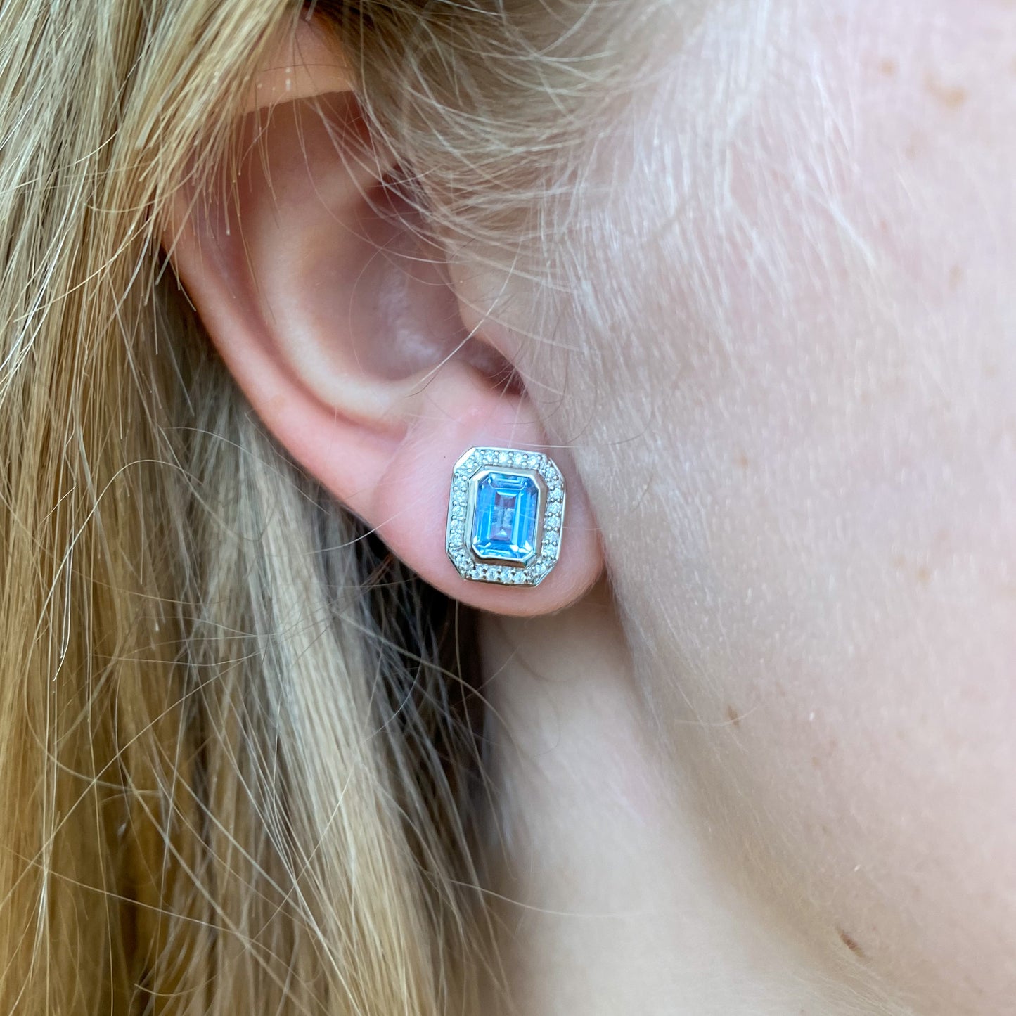 Silver CZ Deco Stud Earrings | Created Aqua - John Ross Jewellers