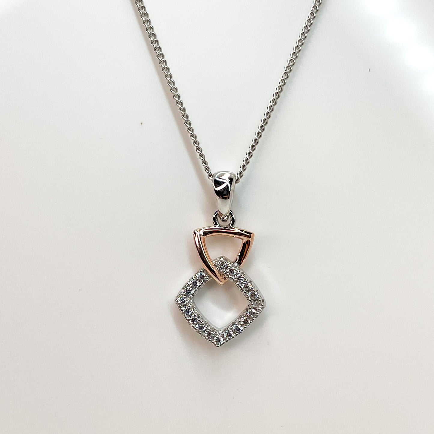 Silver Triangle & CZ Square Pendant Necklace | Rose - John Ross Jewellers